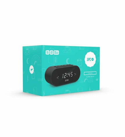 SPC 4585N radio alarm clock showing digital display, buttons, and sleek black design for electronic audio and hifi use.