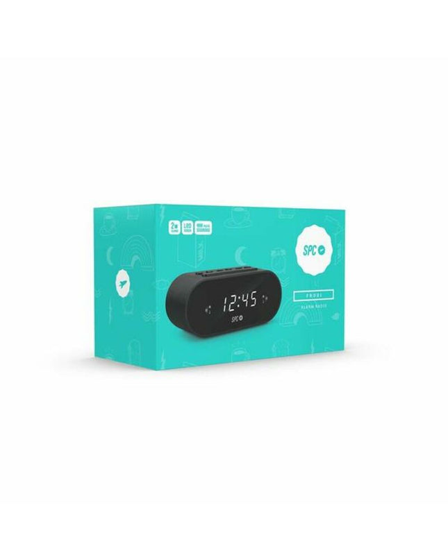 SPC 4585N radio alarm clock showing digital display, buttons, and sleek black design for electronic audio and hifi use.