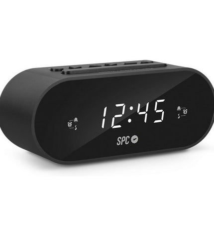 SPC 4585N radio alarm clock showing digital display and control buttons, electronic audio device for waking and timekeeping.