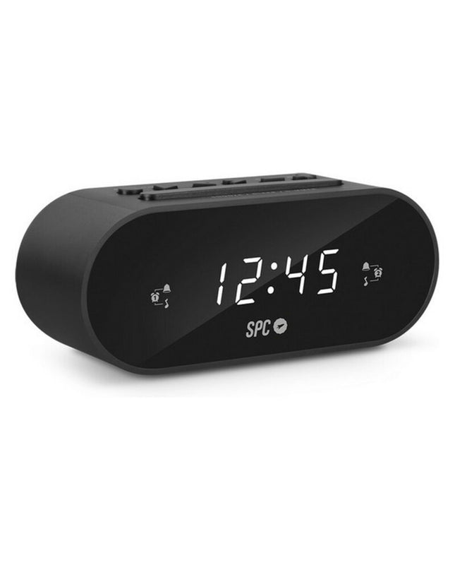 SPC 4585N radio alarm clock showing digital display and control buttons, electronic audio device for waking and timekeeping.
