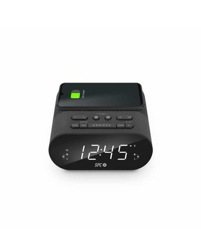 SPC alarm clock with wireless charger, digital display, and sleek black design, suitable for bedside or desk use.