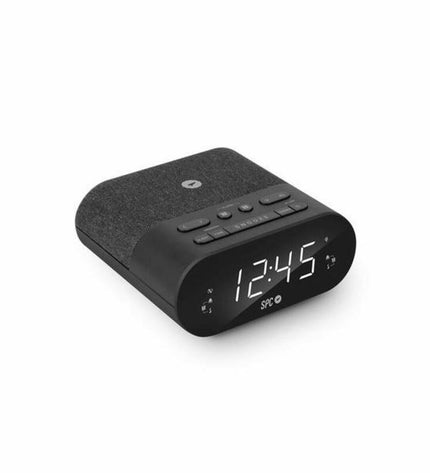 SPC alarm clock with wireless charger, digital display, and modern design, suitable for bedroom or office use.