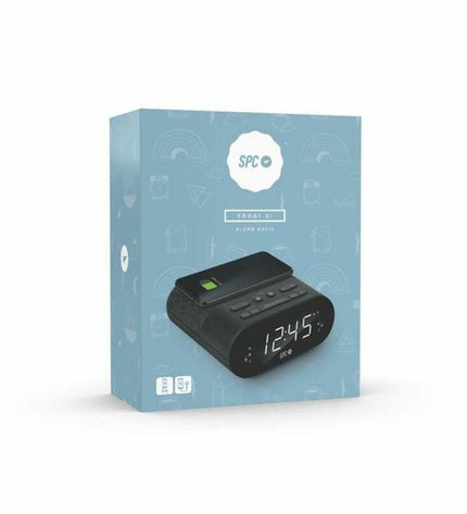 SPC alarm clock with wireless charger, digital display, and sleek black design, suitable for bedside or desk use