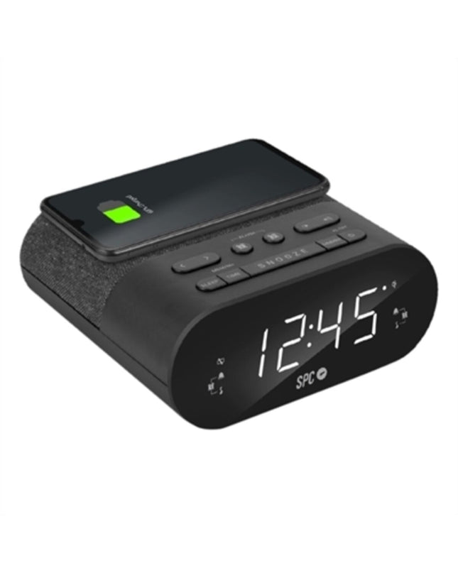 SPC alarm clock with wireless charger, digital display, and sleek design, suitable for bedroom or office use.