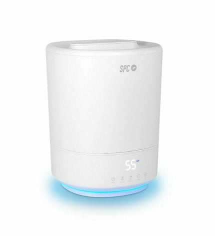 SPC EVANDE 5L air humidifier and aroma diffuser for home use, showcasing a sleek white design with control panel