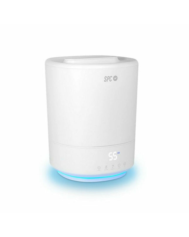 SPC EVANDE 5L air humidifier and aroma diffuser for home use, showcasing a sleek white design with control panel