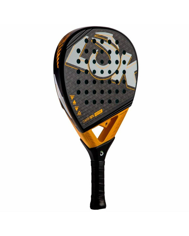 Lok Sports Carb-On Hype pickleball paddle in black and orange with ergonomic grip, designed for outdoor sport and paddle tennis.