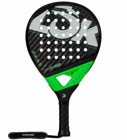 Lok Sports Carb-On Flow pickleball paddle with black and lime green design, suitable for sport and outdoor paddle tennis.