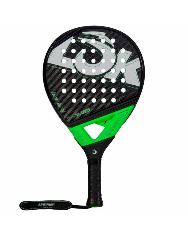 Lok Sports Carb-On Flow pickleball paddle with black and lime green design, suitable for sport and outdoor paddle tennis.