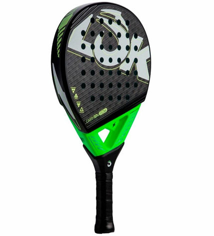 Lok Sports Carb-On Flow pickleball paddle in black with lime green accents, designed for outdoor paddle tennis play.