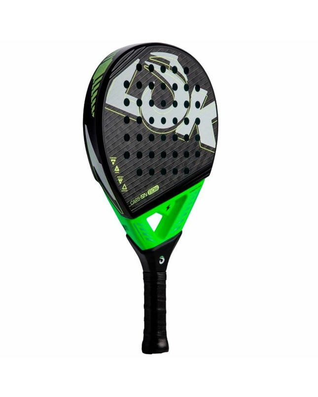 Lok Sports Carb-On Flow pickleball paddle in black with lime green accents, designed for outdoor paddle tennis play.