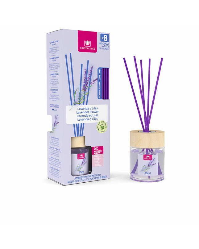 Cristalinas Lavendel Parfum Sticks Mikado in 35ml bottle, decorative lavender-scented reed diffuser for home decor.