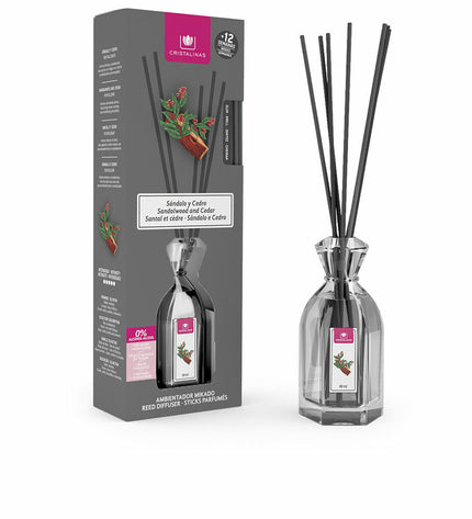 Cristalinas Sandalo-Cedro parfum sticks in a 90 ml decorative container, ideal for home decor and aromatic ambiance.