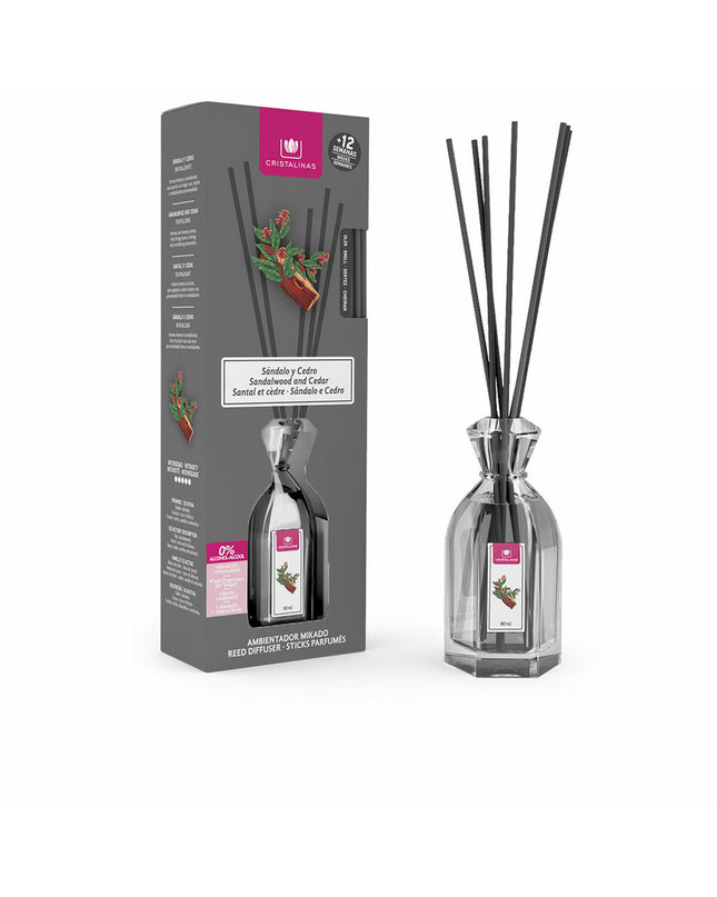 Cristalinas Sandalo-Cedro parfum sticks in a 90 ml decorative container, ideal for home decor and aromatic ambiance.