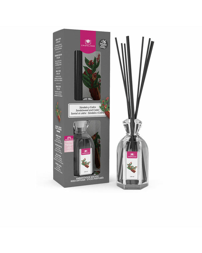 Cristalinas Parfum Sticks Cristalinas Sandalo-Cedro 180 ml in glass bottle with reed sticks for home decor and fragrance.