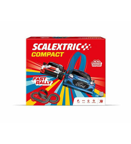 Scalextric race track toy with colorful slot cars on a detailed racecourse for children and model car enthusiasts.