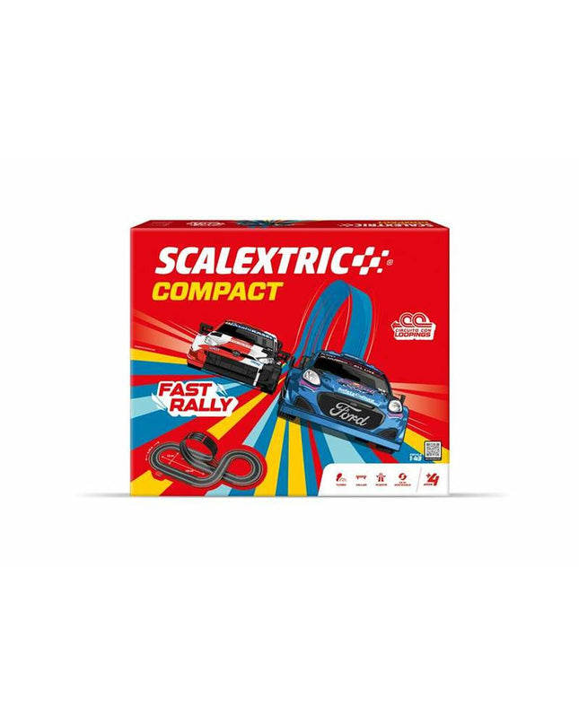 Scalextric race track toy with colorful slot cars on a detailed racecourse for children and model car enthusiasts.
