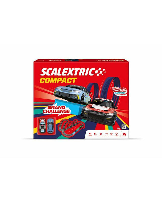 Scalextric race track with toy cars on a detailed racing circuit, part of Scalextric's vehicle toy and game collection.