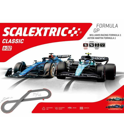 Scalextric race track toy with colorful racing cars set up on a detailed track for high-speed fun