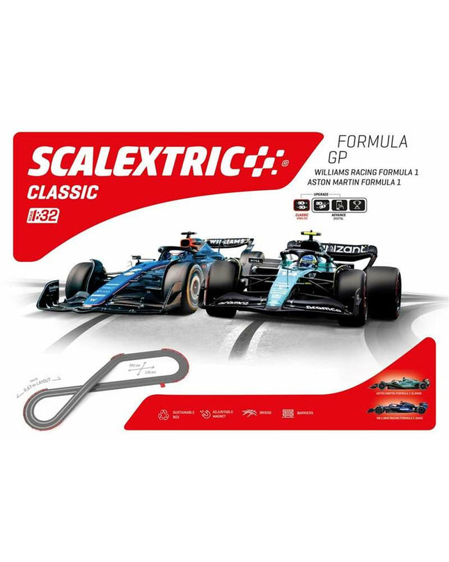 Scalextric race track toy with colorful racing cars set up on a detailed track for high-speed fun