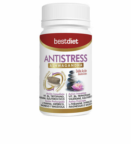 Best Diet Antistress Ashwagandha voedingssupplement box with 30 capsules, natural health product for stress relief and wellness.
