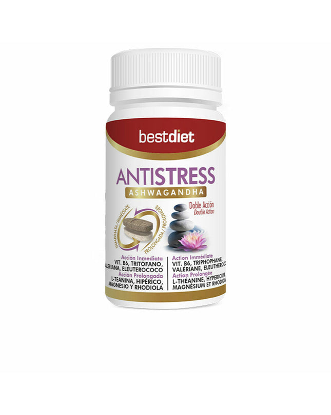 Best Diet Antistress Ashwagandha voedingssupplement box with 30 capsules, natural health product for stress relief and wellness.