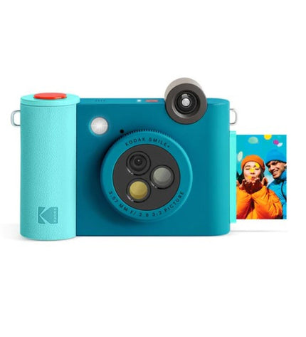 Kodak Smile digital camera showing front view with lens, flash, and control buttons in a sleek electronic design.