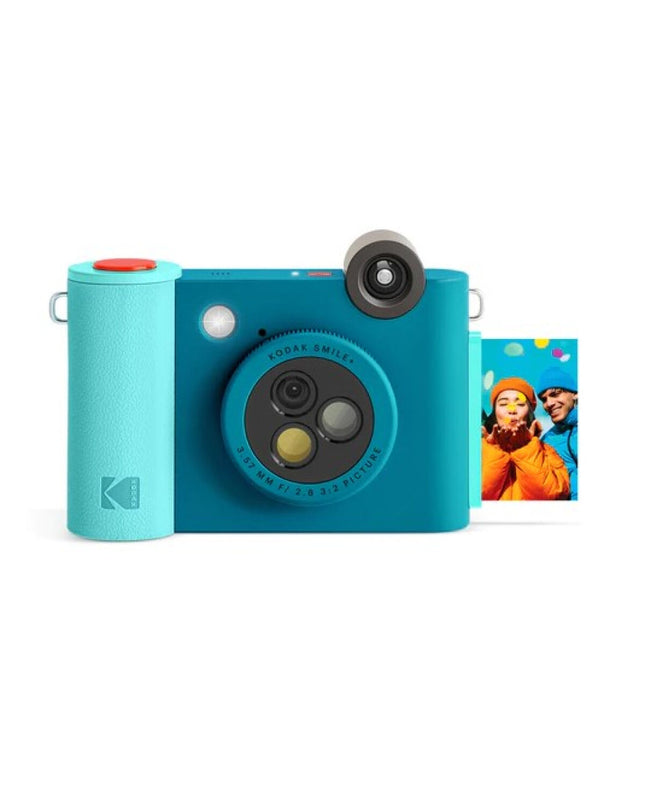 Kodak Smile digital camera showing front view with lens, flash, and control buttons in a sleek electronic design.