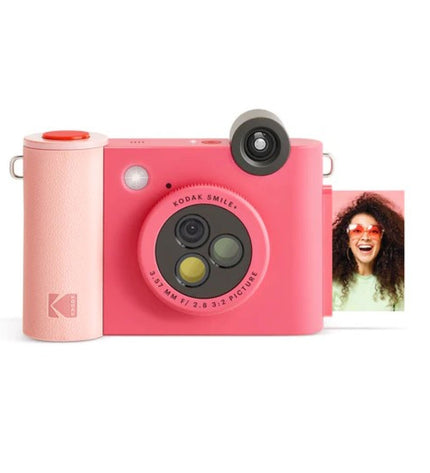 Kodak Smile digital camera showing front view with lens, flash, and controls, ideal for photography and videography.