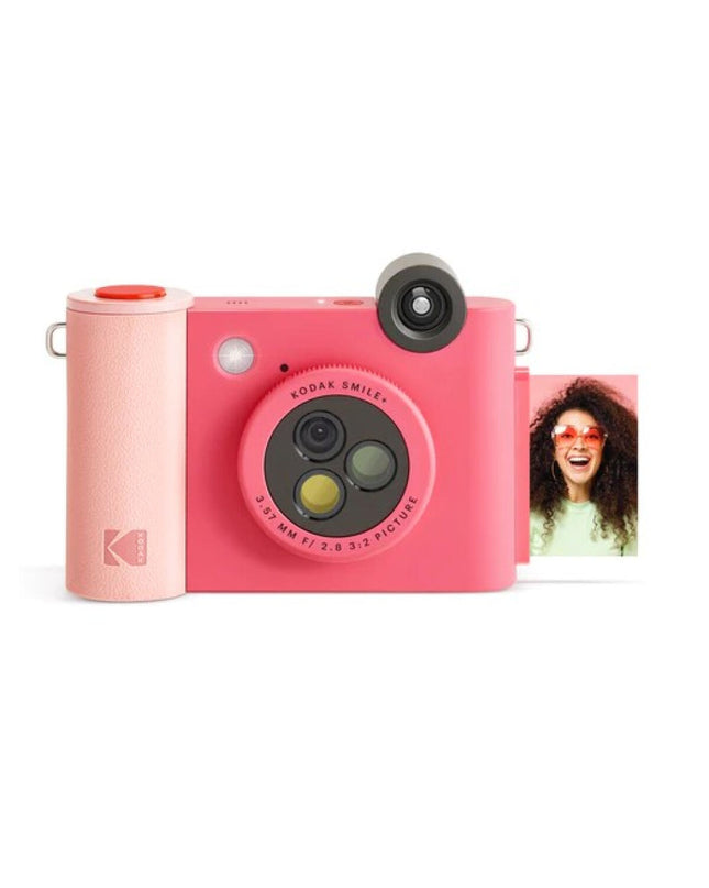 Kodak Smile digital camera showing front view with lens, flash, and controls, ideal for photography and videography.