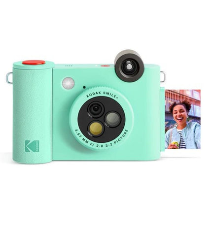 Kodak Smile digital camera showing front view with lens and branding, compact electronic device for photography and videography.
