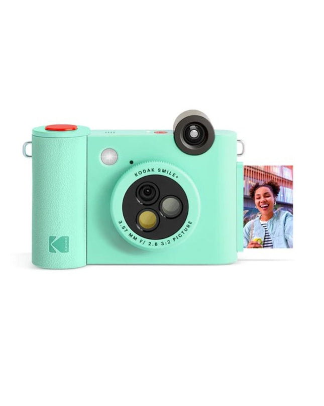 Kodak Smile digital camera showing front view with lens and branding, compact electronic device for photography and videography.