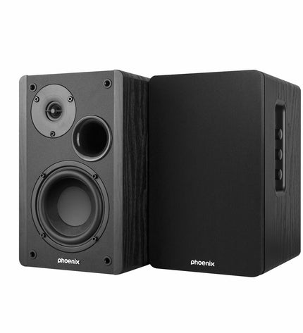Black Phoenix Serenade speakers for high-quality audio and hi-fi sound, showcasing modern electronic audio equipment.