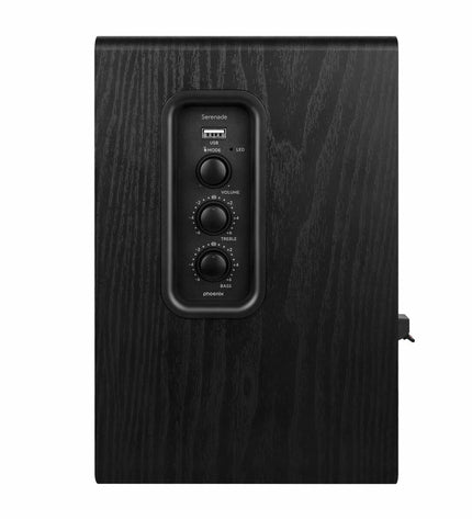 Phoenix Serenade black speakers for audio and hi-fi setup, featuring sleek design and high-quality sound output.