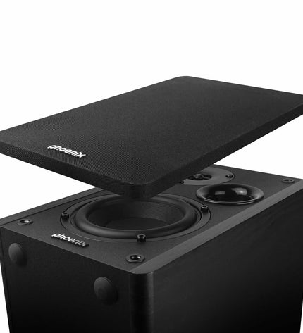 Black Phoenix Serenade speakers for high-quality audio, featuring sleek design and modern audio technology.