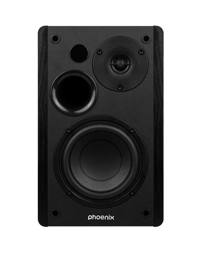 Black Phoenix Serenade speakers for audio and hi-fi systems, shown with their sleek design and front grille.
