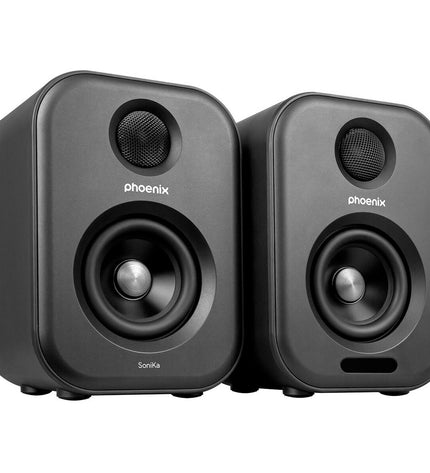 Phoenix SONICA black 50W speakers for high-quality audio, featuring compact design and sleek finish for electronic and hi-fi sound systems.