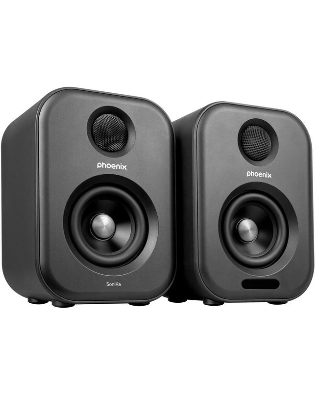 Phoenix SONICA black 50W speakers for high-quality audio, featuring compact design and sleek finish for electronic and hi-fi sound systems.