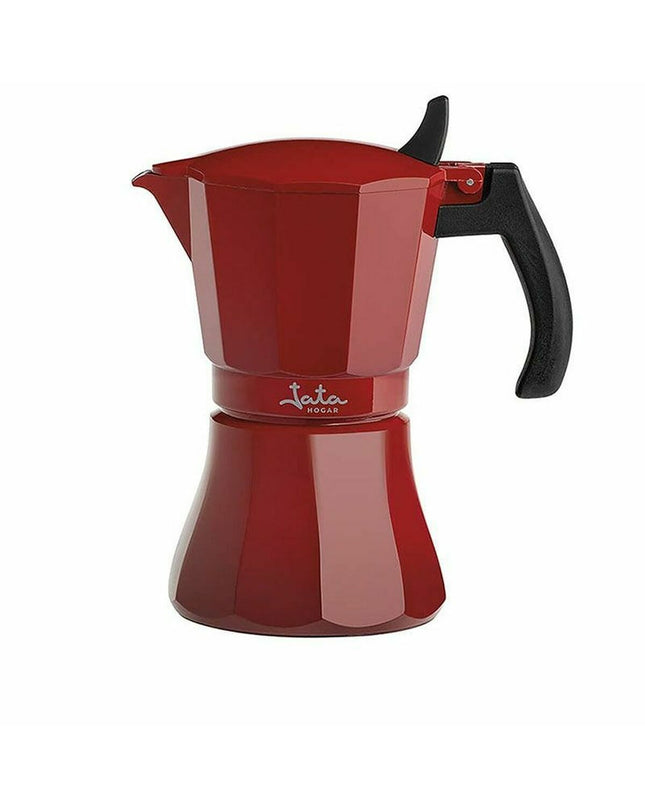 Red JATA Italian coffee pot for induction, 9-cup aluminium moka pot with handle, designed for brewing traditional Italian coffee.