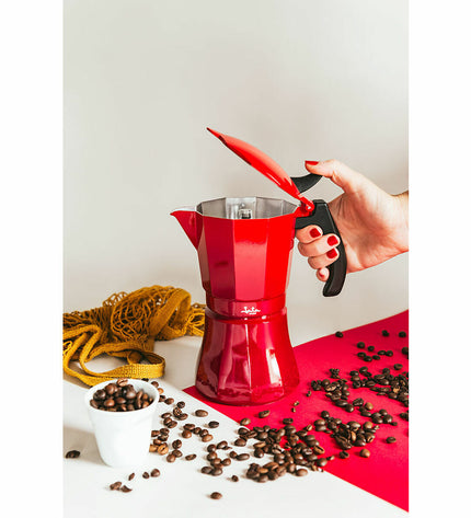 JATA Italiaanse koffiepot Vulcano rood aluminium for induction stove, 12-cup capacity, kitchen coffee maker.
