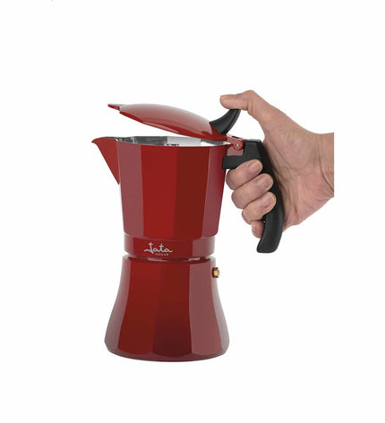 Red JATA induction coffee pot with aluminium body, 12-cup capacity, designed for making Italian-style coffee.