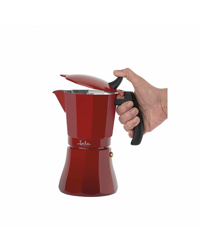 Red JATA induction coffee pot with aluminium body, 12-cup capacity, designed for making Italian-style coffee.