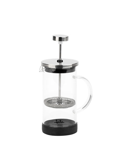 Black JATA coffee pot with plunger, 350 ml capacity, for brewing coffee or tea, in a kitchen setting.