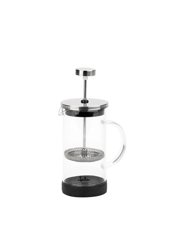 Black JATA coffee pot with plunger, 350 ml capacity, for brewing coffee or tea, in a kitchen setting.