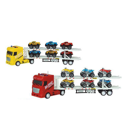 BigBuy Fun toy truck carrier with sound, measures 57x20x11 cm, designed for children’s play vehicles and games.