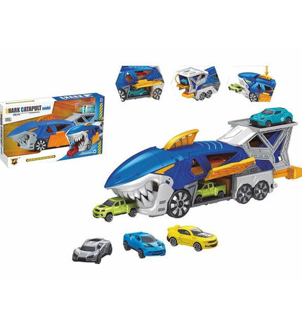 BigBuy Fun Carrier vrachtwagen toy with three cars, Haai design, measuring 33 x 11 x 7 cm, for children’s vehicle play.