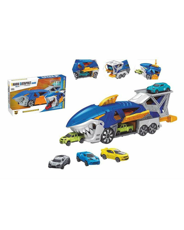 BigBuy Fun Carrier vrachtwagen toy with three cars, Haai design, measuring 33 x 11 x 7 cm, for children’s vehicle play.
