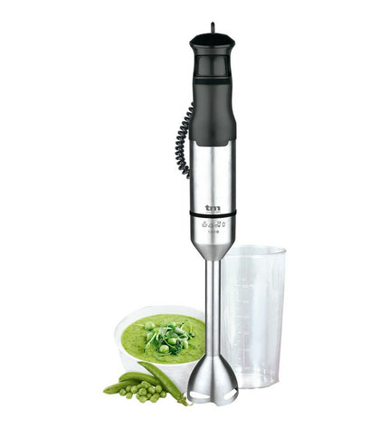 TM Electron hand blender in stainless steel with 1200W power for home cooking, shown with blending attachments.