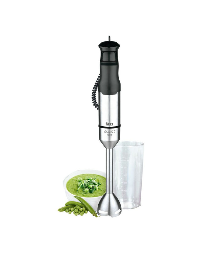 TM Electron hand blender in stainless steel with 1200W power for home cooking, shown with blending attachments.