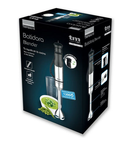 TM Electron hand blender in stainless steel with 1200W power, ideal for kitchen blending and cooking tasks.